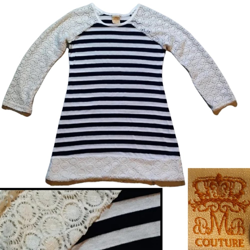 Striped dress w/lace sleeves & hem
